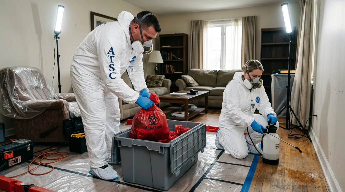 Professional Hoarding Cleanup technician in full PPE working in Gleneagle